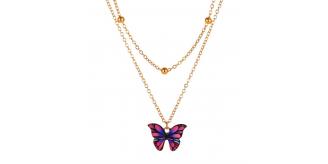 12pc Gold Tone Double Row Butterfly Pendant Necklace-Yellow, Red Or Purple I GCJ245