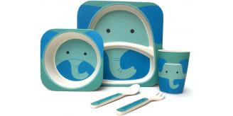 Case of 12 - Children's 5 Piece Bamboo Dinner Set, Eco-Friendly, Dishwasher Safe (Elephant)