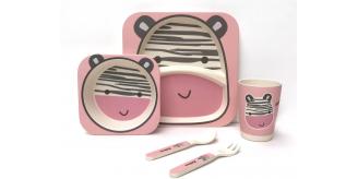 Case of 12 - Children's 5 Piece Bamboo Dinner Set, Eco-Friendly, Dishwasher Safe (Zebra)
