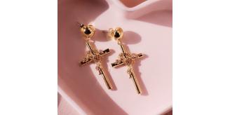 10pairs_Rose Gold Tone Rose flower Cross drop earrings_UK Seller_GCC022