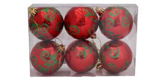 Red baubles with green design - 6 Pack