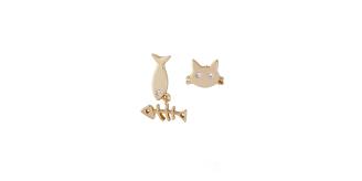 Gold plated Fish & Cat Stud Earrings with Zirconia stones, New