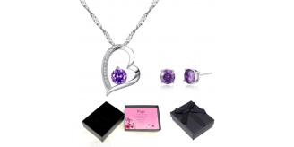 20 pcs -Sparkling Purple Heart Zircon Crystals Pendant Necklace & Earrings Set With Message Card Box (10 Sets)|GCJ155-2PcsSet-Mum-MSG|UK SELLER