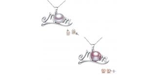 20 pcs - Mum Freshwater Pearl Pendant Necklace and Earrings Set in White and Purple (10 Sets) - 2 Colours 5 Each|GCC073-WHITE/PURPLE +GCJ231-WHITE/PUR