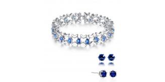 20 pcs - Blue Rhodium Plated Cubic Zirconia Link Bracelet and Earrings Set – 10 Sets|GCJ019GCJ023-Blue|UK SELLER