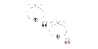 20 pcs - Silver Tone Crystal Adjustable Bracelet and Earrings set - Blue and Pink (5 Sets Each Colour) – Total 10 Sets|GCJ525-Blue/Pink + GCJ005-Blu