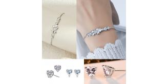 20 pcs - Stunning Silver Four-leaf Clover Linked Heart Crystal Adjustable Bracelet and Earrings Set - 10 Sets|GCJ242+GCJ234|UK SELLER