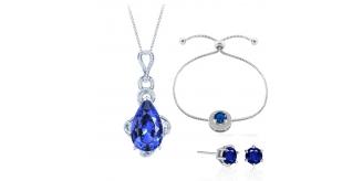30 pcs - Blue Simulated Sapphire Teardrop Pendant Necklace Bracelet and Earrings Tri-Set - 10 Sets|GCJ019GCJ525GCC019-Blue-Tri-Set|UK SELLER