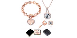 30 pcs - Crystal Rose Gold Halo Square Pendant Necklace, Tree of life Heart Bracelet And Crown Design Stud Earrings Tri-Set With Christmas Message Box