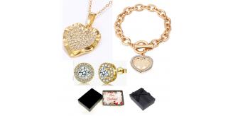 30 pcs - Gold Tone Crystal Filled Heart Shape Pendant Necklace, Tree of life Heart Bracelet and Halo Stud Round Earrings Tri-Set With Christmas Messag