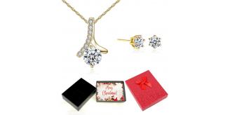 20 pcs - Solitaire Zircon Crystal Pendant Necklace Earrings Gold Tone Set With Christmas Message Box -10 Sets|GSV004GCC059-Gold-XmasBox|UK SELLER