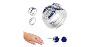 30 pcs - 2 in 1 Blue Crystal Double Infinity Ring and Brilliant Cut Stud Earrings Set - 10 Sets - Random Size|GCJ038+GCJ019|UK SELLER