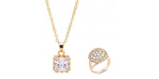 20 pcs - Gold Tone Solitaire Crystal Pendant Necklace and Cluster Round Clear Crystal Ring Set - 10 Sets - Random Size|GCJ041+GCC104-Random|UK SELLER