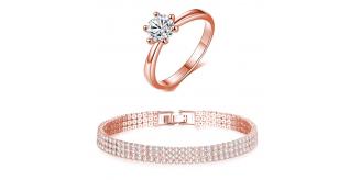 20 pcs - Rose Gold Ring with Clear Crystal and Three-Row Rose Gold Bangle Set - 10 Sets - Random Size|GCJ144+GCJ150-Rosegold-Random|UK SELLER