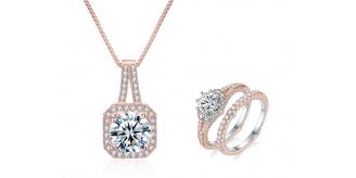 20 pcs - Classy Princess Halo Rose Gold Crystal Pendant Necklace and Double Ring Set - 10 Sets - Random Size|GCJ146+GCC062-Random|UK SELLER