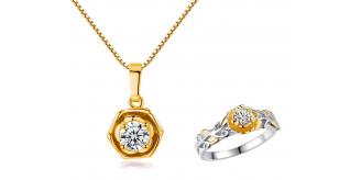 20 pcs - Gold Flower Necklace Made with Premium Crystal and Crystal Flower Ring Set - 10 Sets - Random Size|GCJR077+GCJ085-Random|UK SELLER