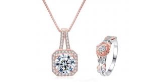 20 pcs - Classy Halo Rose gold Crystal Pendant and Flower Ring Set - 10 Sets - Random Size|GCJR077+GCC062-Random|UK SELLER