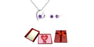 20 pcs - Purple Heart Zircon Crystals Pendant Necklace & Earrings Set With Valentine Gift Box - 10 Sets|GCJ155-Set-Valentine Box|UK SELLER