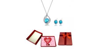 20 pcs - Sparkling Aqua Teardrop Pendant Necklace & Earrings Set With Valentine Gift Box - 10 Sets|GCJ165-Set -Valentine Box|UK SELLER