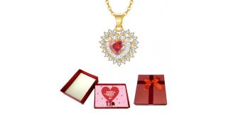 10 pcs - Red Ruby Zircon Crystals Love Heart-Shaped Gold Tone Pendant Necklace With Valentine Gift Box|GCJ293-Valentine Box|UK SELLER
