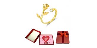 10 pcs - Golden Rose Flower with Zirconia Crystal Open Ring Adjustable With Valentine Gift Box|GCJ333-Valentine Box|UK SELLER