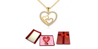 10 pcs - Double Heart Zircon Crystals Love Gold Tone Pendant Necklace With Valentine Gift Box|GCJ338-Valentine Box|UK SELLER