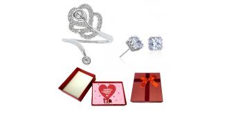 20 pcs - Open Flower Adjustable Ring and Crystal Crown Stud Earrings Set with Valentines Gift Box - 10 Sets|GCJ087+GCJ122-Silver-Valentine Box|UK SELL