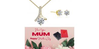 20 pcs - Solitaire Zircon Crystal Pendant Necklace Earrings Gold Tone Set + Mother’s Day Message Box - 10 Sets|GSV004GCC059-Gold-MD|UK SELLER