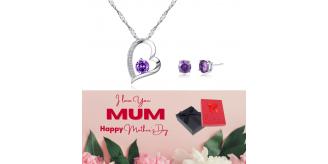 20 pcs -Purple Heart Zircon Crystals Pendant Necklace & Earrings Set with Mother’s Day Message Box - 10 Sets|GCJ155-MD|UK SELLER