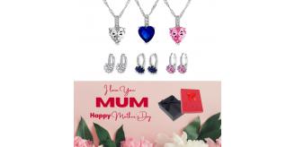 20 pcs - Crystal Simulated Sapphire Pendant Necklace and Earrings Set With Mother’s Day Message Box - 10 Sets Random Colour|GCJ005GCJ024-Clear/Blue/