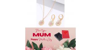 20 pcs - Flower Zircon Crystals Necklace and Huggies Earring Gold Tone 2 Pcs Jewellery Set + Mother’s Day Message Gift Box - 10 Sets|GCJ385-MD|UK SE