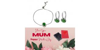 20 pcs - Vintage Halo Green Emarald Oval Zircon Crystals Silver Bracelet and Huggies Earrings Set + Mother’s Day Message Gift Box - 10 Sets|GCJ005GC
