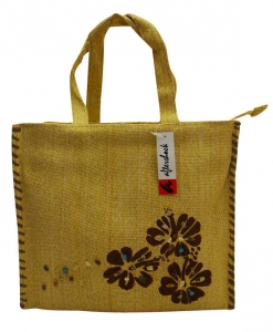 Wholesale Joblot of 10 Woven Beige Shopper Bags With Hibiscus Flower Print