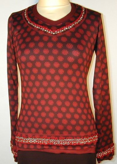 Long Sleeve Embroidered Round-Neck Lycra Tunic (Red) by Rohit Bal