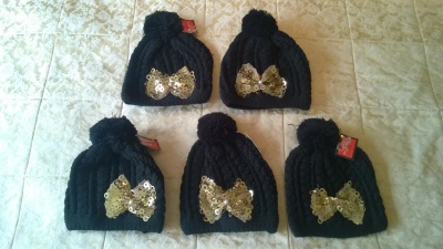 Joblot of 5 Ladies Black Bobble hats with sequin bow