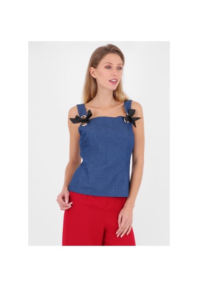 Women's New  Denim Style Blouse Shirt Summer Sleeveless Top With Bow Detail