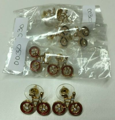 Wholesale Lot Of 30 Pairs Of Gold Bike Earrings Studs, 3 Colours Womens Cycling