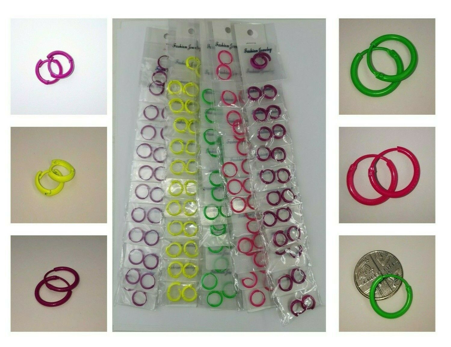 Wholesale Joblot of 60 Pairs Of Ladies Girls Small Hoop Earrings Purple & Neon Yellow & Green