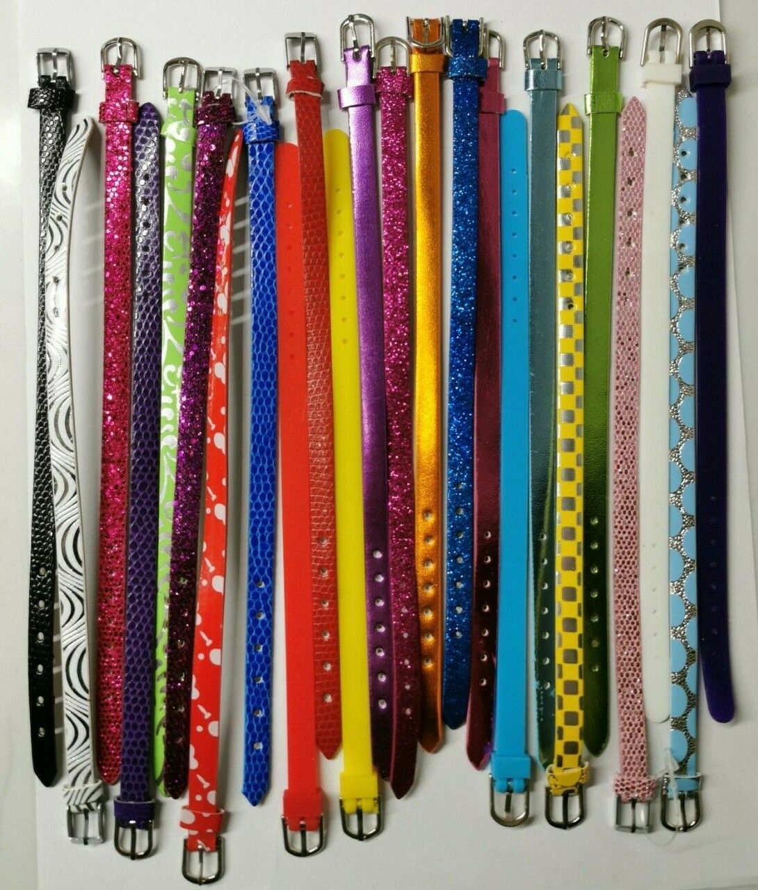 Wholesale Joblot of 50 Mixed Buckled Thin Strap Bracelets Glitter, Faux Leather