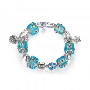 Wholesale Joblot Of 10 Womens Blue Charm Bracelets With Flower Cubes