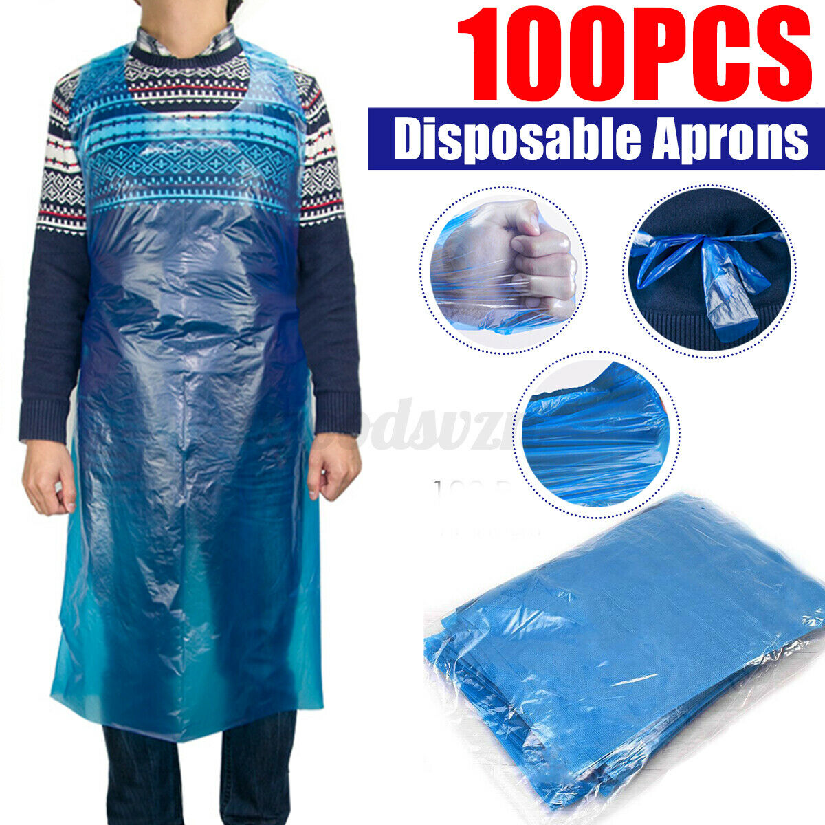 10 Packs (100pc per pack) Disposable Lightweight Waterproof Blue Plastic Aprons  for Salon/Garden/Home Etc. l UK SELLER