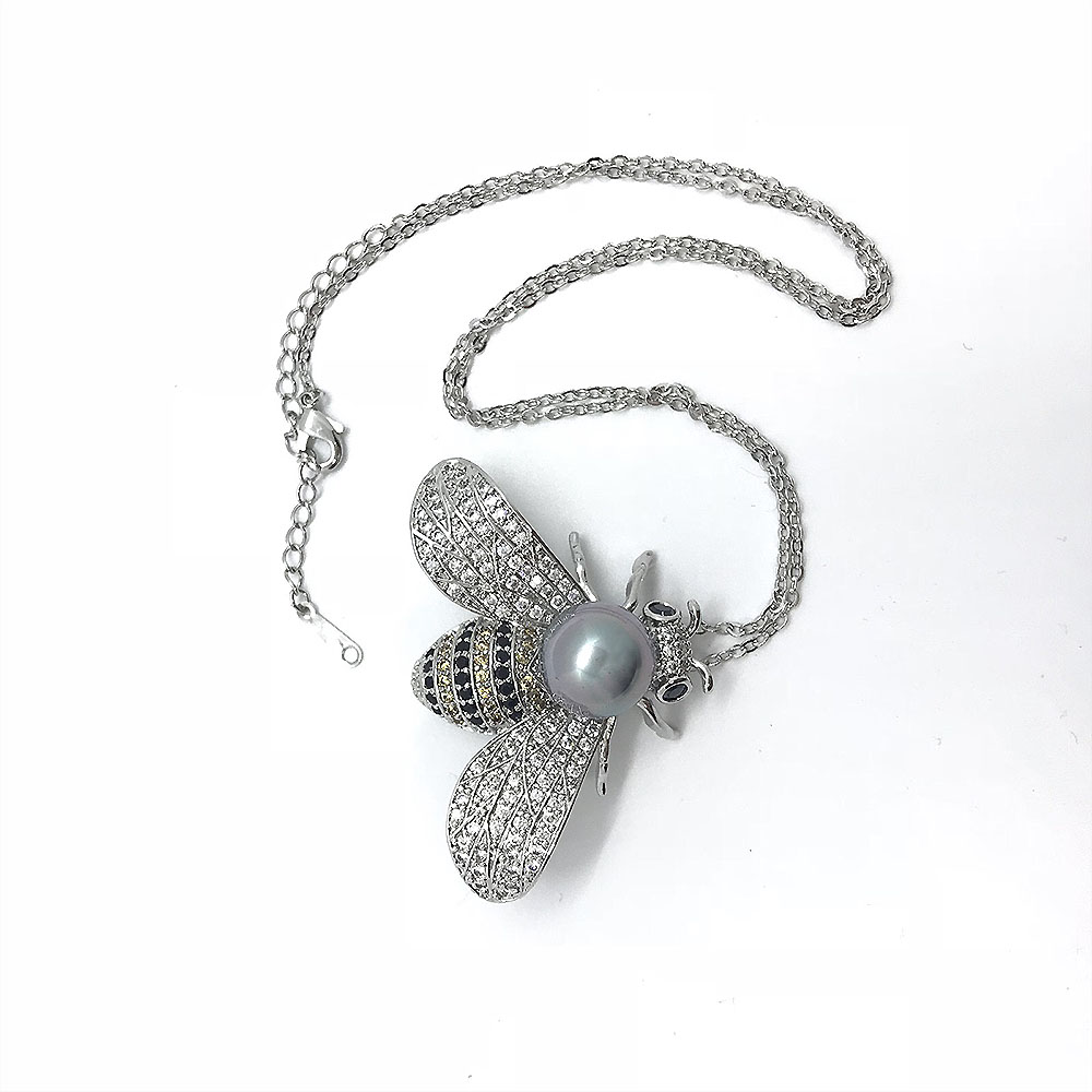 10 x 2 IN 1 Silver Bee Shaped Necklace Brooch Pin & Chain made with Cubic Zirconia l UK SELLER l GCJBR064-S