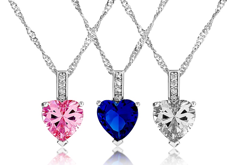 15 x Heart Cut Simulated Sapphire Pendants , 3 Colours, 5 Necklaces Per Colour l UK SELLER l GCJ024