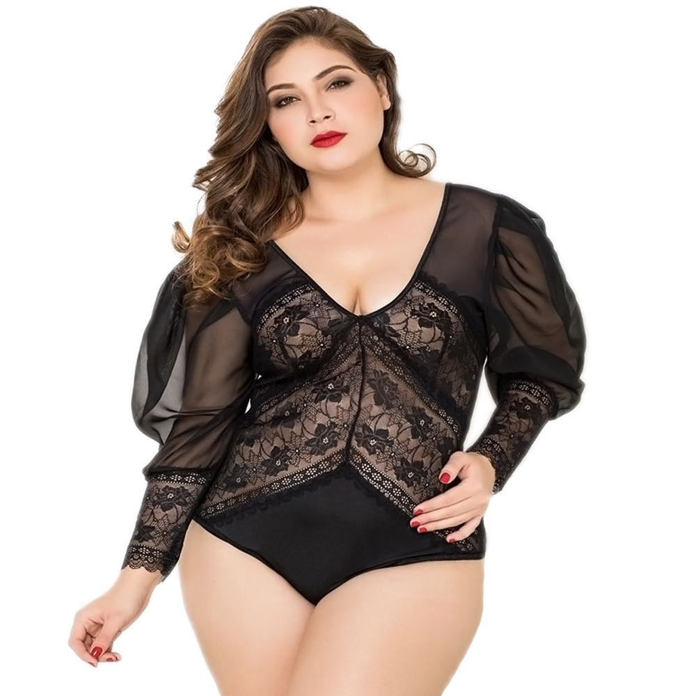 10 x Premium Lingerie Black Lace Long Sleeve Body PLUS SIZE UK 18-22 l UK SELLER l GCL030