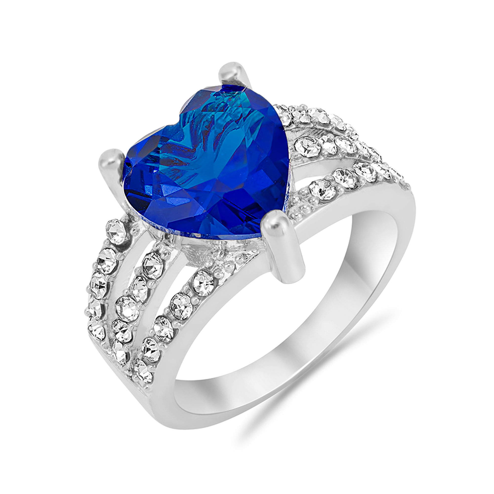 20 x Silver Tone Ring with Blue Cubic Zirconia Heart, 4 Sizes, 5Pcs Per Size| UK SELLER | GCJ010-Blue