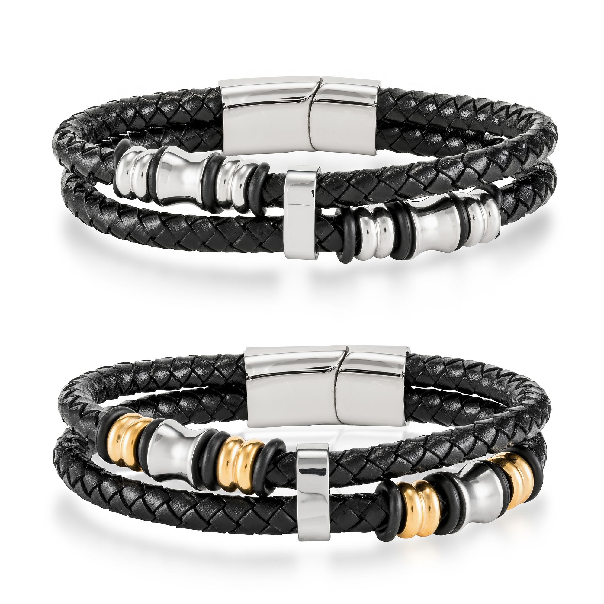 10 x Men's Genuine Leather Bracelet with Titanium Beads, 2 Styles, 5Pcs Per Style | UK SELLER | GCJ035037
