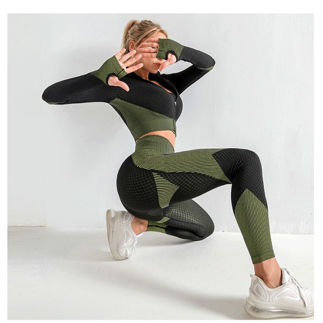 6 Sets -Tri-set Women High Waist Seamless Long Sleeve Yoga Jacket Activewear 3 Sizes |UK SELLER|GCL089-Army Green