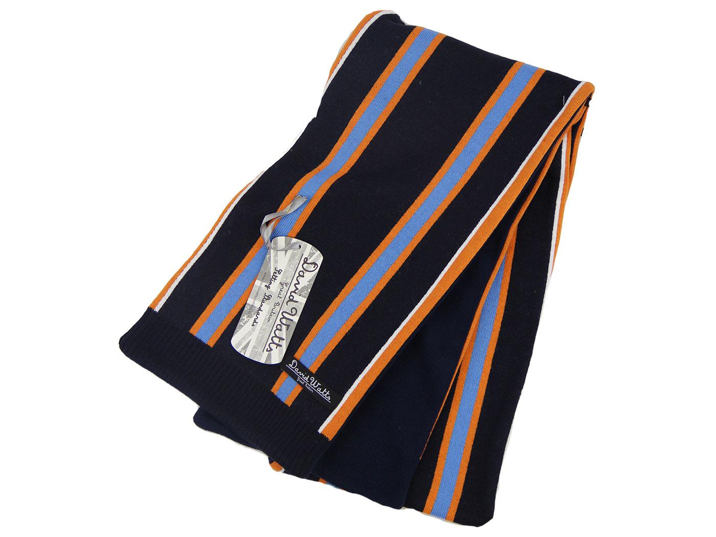 10 x DAVID WATTS PRINCETON RETRO SIXTIES MOD STRIPE DOUBLE SIDED SCARF Navy / Orange