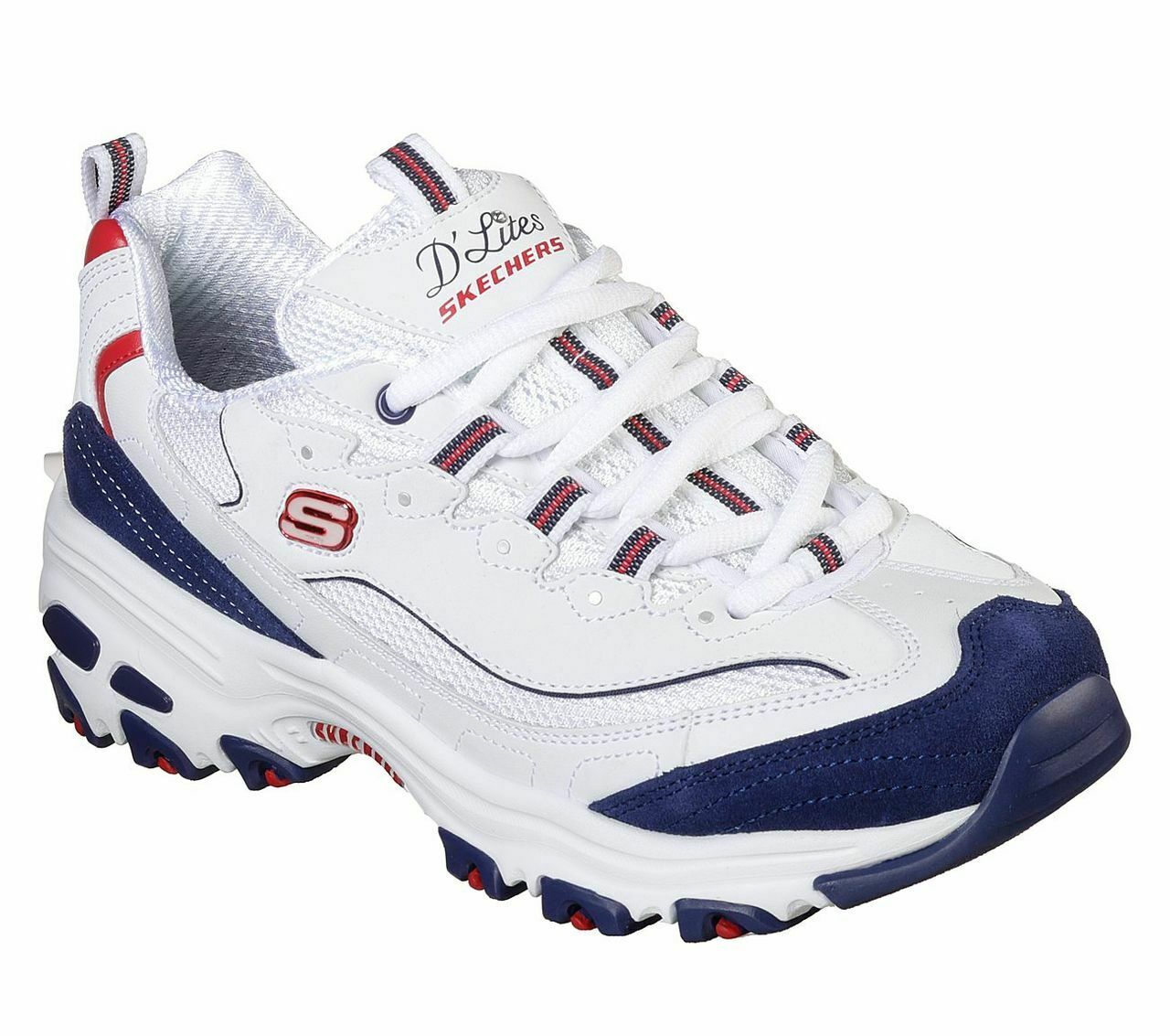 10 x Skechers D Lite March Forward Women Chunky Trainers White Navy Blue Red New