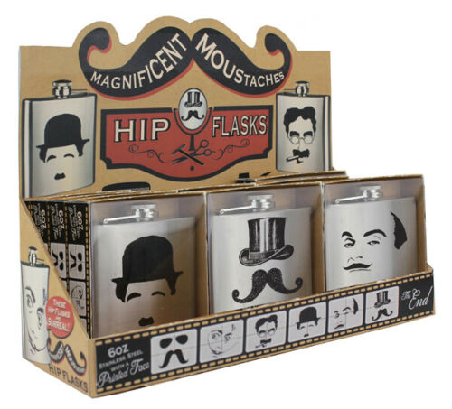 12 x Magnificent Moustaches Hip Flask 6oz Stainless Steel (Display Box 12 Pack)
